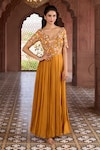 Buy_Aariyana Couture_Yellow Modal Satin Embroidered Floral Plunged V Pleated And Gown_at_Aza_Fashions