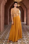 Shop_Aariyana Couture_Yellow Modal Satin Embroidered Floral Plunged V Pleated And Gown _at_Aza_Fashions