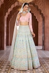 Buy_Aariyana Couture_Blue Lehenga And Blouse Raw Silk Embroidered Floral Geometric V Neck Bridal Set_at_Aza_Fashions
