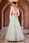 Aariyana Couture_Blue Lehenga And Blouse Raw Silk Embroidered Floral Geometric V Neck Bridal Set_Online_at_Aza_Fashions