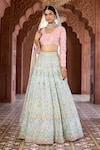 Buy_Aariyana Couture_Blue Lehenga And Blouse Raw Silk Embroidered Floral Geometric V Neck Bridal Set