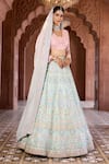 Aariyana Couture_Blue Lehenga And Blouse Raw Silk Embroidered Floral Geometric V Neck Bridal Set_Online