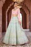 Buy_Aariyana Couture_Blue Lehenga And Blouse Raw Silk Embroidered Floral Geometric V Neck Bridal Set_Online