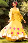 Buy_Tarisha Tholia_Yellow Organza Embroidered Thread Kurta Round Blossom Neck Lehenga Set _at_Aza_Fashions