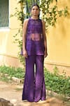 Shop_Tarisha Tholia_Purple Organza Hand Embroidered Thread Cutwork Kurta Round Diane Pant Set _at_Aza_Fashions