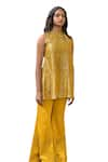 Buy_Tarisha Tholia_Yellow Tissue Hand Embroidered Thread Cutwork Kurta Round Diane Pant Set _Online_at_Aza_Fashions