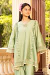 Buy_Tarisha Tholia_Green Chanderi Solid V Neck June Kurta And Pant Set _Online_at_Aza_Fashions