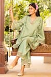 Shop_Tarisha Tholia_Green Chanderi Solid V Neck June Kurta And Pant Set _at_Aza_Fashions