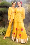 Tarisha Tholia_Yellow Chanderi Embroidered Thread Collar Meheri Peplum Top And Pant Set _Online_at_Aza_Fashions