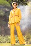 Buy_Tarisha Tholia_Yellow Chanderi Embroidered Thread Collar Meheri Peplum Top And Pant Set _at_Aza_Fashions