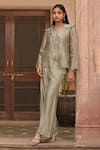 Buy_Tarisha Tholia_Blue Tissue Hand Embellished Flowers Round Priya Jacket And Pant Set _at_Aza_Fashions