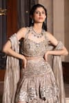 Buy_Tarisha Tholia_Beige Tissue Hand Embroidered Gota Scalloped Round Neck Stella Lehenga Set _Online_at_Aza_Fashions