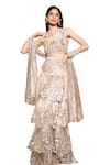 Shop_Tarisha Tholia_Beige Tissue Hand Embroidered Gota Scalloped Round Neck Stella Lehenga Set _Online_at_Aza_Fashions