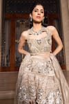 Shop_Tarisha Tholia_Beige Tissue Hand Embroidered Gota Scalloped Round Neck Stella Lehenga Set _at_Aza_Fashions