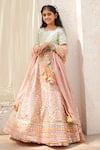 FAYON KIDS_Peach Georgette Embroidered Mirror And Thread Lehenga Set _at_Aza_Fashions