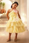 Buy_FAYON KIDS_Yellow Sequin Embroidered 3d Flowers One-shoudler Embellished Frock _at_Aza_Fashions