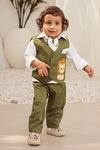 FAYON KIDS_Green Glace Cotton Embroidered Lion Motif Waistcoat Pant Set_Online_at_Aza_Fashions
