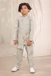 Buy_FAYON KIDS_Green Suiting Embroidered Deer Motif Asymmetric Bandhgala And Pant Set _at_Aza_Fashions