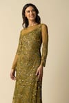 RAISHMA_Green Tulle Embroidered Sequin Closed Round Sally Leaf Motif Gown _Online_at_Aza_Fashions