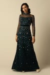 Buy_RAISHMA_Green Tulle Embroidered Sequin Closed Round Ashley Floral Gown _at_Aza_Fashions