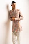 Project Bandi_Grey Kurta Cotton Linen Printed Floral Stone Versailles And Pant Set _Online_at_Aza_Fashions