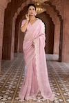 Buy_Aariyana Couture_Pink Saree And Blouse Silk Organza Embroidered V Neck Scallop Border With _at_Aza_Fashions