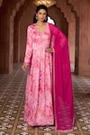 Buy_Aariyana Couture_Pink Anarkali Silk Chanderi Printed Cherry Blossom V Neck With Dupatta _Online