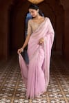 Buy_Aariyana Couture_Pink Saree Tissue Embroidered Floral Broad Plunged Leaf Bordered With Blouse_at_Aza_Fashions