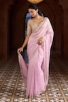 Buy_Aariyana Couture_Pink Saree Tissue Embroidered Floral Broad Plunged Leaf Bordered With Blouse _at_Aza_Fashions