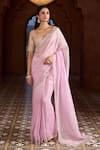 Aariyana Couture_Pink Saree Tissue Embroidered Floral Broad Plunged Leaf Bordered With Blouse_Online