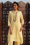 Buy_Dhaari_Yellow Cotton Silk Round Floral Embroidered Kurta _at_Aza_Fashions