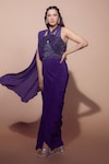 Babita Malkani_Purple Silk Crepe Embroidered Sequin Criss Cross Pre Draped Saree_at_Aza_Fashions