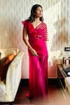 Buy_Babita Malkani_Pink Organza, Tulle, Silk Satin Embroidery Round Neck Draped Jumpsuit _Online_at_Aza_Fashions