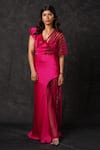 Buy_Babita Malkani_Pink Organza, Tulle, Silk Satin Embroidery Round Neck Draped Jumpsuit _Online