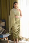 Buy_Babita Malkani_Green Pure Crepe Embellished Pearl Cape High Neck Asymmetric Skirt Set_at_Aza_Fashions