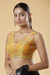 Samyukta Singhania_Yellow Silk Blend Embroidered Zari V-neck Floral Print Blouse _Online_at_Aza_Fashions