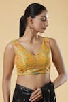 Buy_Samyukta Singhania_Yellow Silk Blend Embroidered Zari V-neck Floral Print Blouse _Online_at_Aza_Fashions