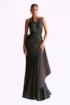 Buy_Manika Nanda_Black Stretched Satin Embroidery Sequin Halter Neck Cosmic Gown With Belt _at_Aza_Fashions