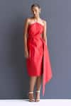 Manika Nanda_Red Taffeta Halter Neck Inverted Pleat Column Dress With Belt _Online_at_Aza_Fashions