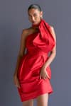 Buy_Manika Nanda_Red Taffeta Halter Neck Inverted Pleat Column Dress With Belt _Online_at_Aza_Fashions