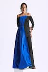 Manika Nanda_Blue Taffeta Colorblocked Off Shoulder Draped Top With Trumpet Pant _Online_at_Aza_Fashions