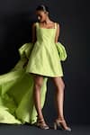 Buy_Manika Nanda_Green Taffeta Solid Piping Detail Short Skater Dress With Puff Sleeved Cape _at_Aza_Fashions