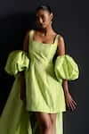 Shop_Manika Nanda_Green Taffeta Solid Piping Detail Short Skater Dress With Puff Sleeved Cape _at_Aza_Fashions