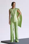 Buy_Manika Nanda_Green Raw Silk Embroidery 3d Bloom High Neck Draped Blazer With Pant _at_Aza_Fashions