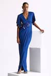 Buy_Manika Nanda_Blue Butter Lycra Embroidery 3d Iris Bloom V Neck Draped Power Shoulder Gown _at_Aza_Fashions