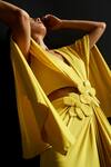 Manika Nanda_Yellow Butter Lycra Embroidery 3d Bloom Plunging V Embellished Gown _at_Aza_Fashions