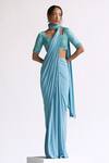 Buy_Manika Nanda_Blue Raw Silk Embroidery Scallop Tassel Border Pre-draped Saree With Blouse _at_Aza_Fashions