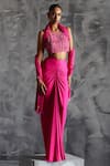 Buy_Manika Nanda_Pink Raw Silk Embroidery Sequin Halter Neck Florence Blouse Draped Skirt Set _at_Aza_Fashions