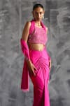 Manika Nanda_Pink Raw Silk Embroidery Sequin Halter Neck Florence Blouse Draped Skirt Set _Online_at_Aza_Fashions