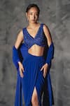 Buy_Manika Nanda_Blue Raw Silk Embroidery Sequin V Neck Gardenia Blouse Draped Skirt Set _Online_at_Aza_Fashions